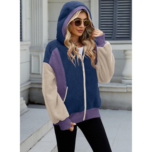 Womens Oversized Sherpa Fleece Jacket Cozy Zip Hood Pockets Winter Outerwear - Picture 5 of 5